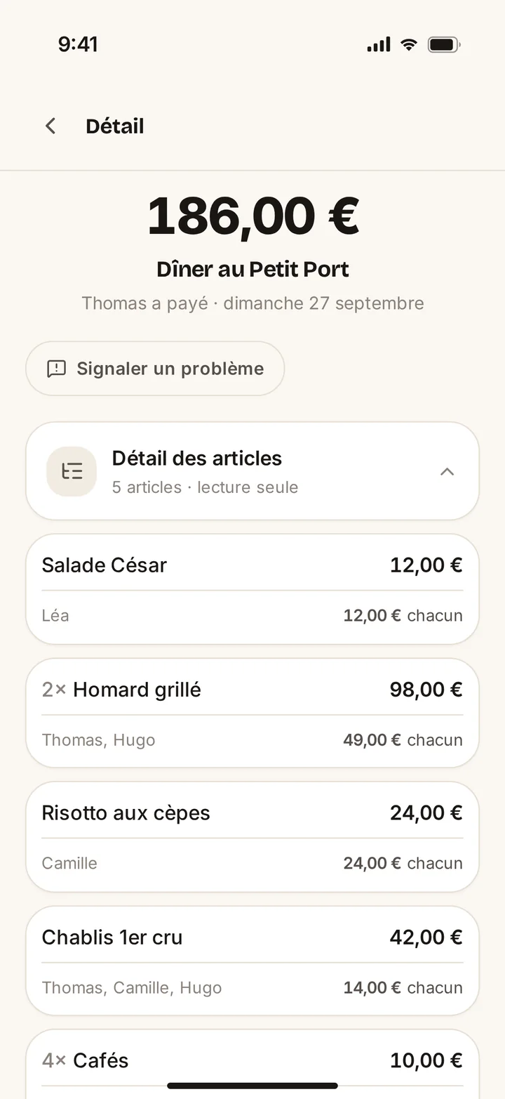 Écran Détail de FYVLO : le dîner au Petit Port, 186 €, et pour chaque article, qui l’a pris.