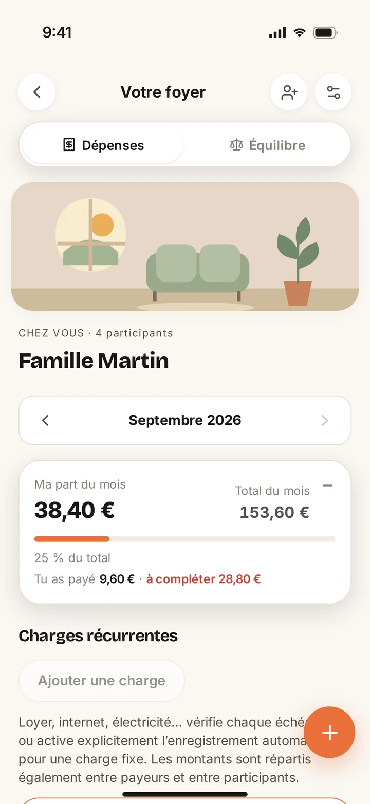 La famille Martin : les dépenses du mois et la part de chacun.